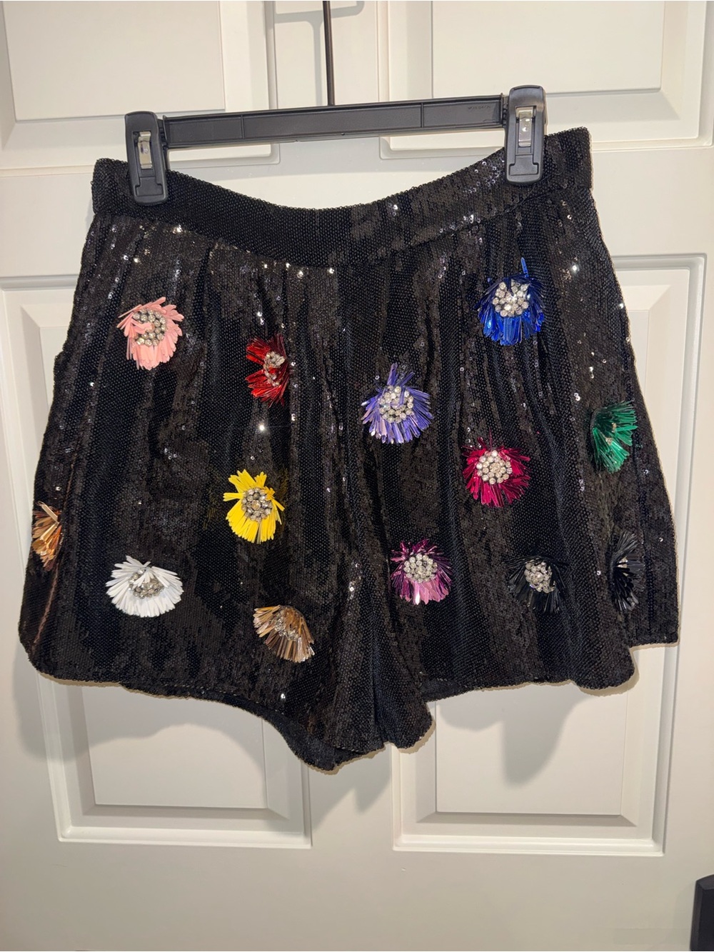 NWT Queen of Sparkles medium Black Sequin Floral Rhinestone embellished Shorts